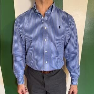 Ralph Lauren Blue and White Classic Fit Striped Button Down